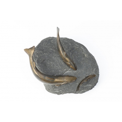 Bronze sculpture entitled ‘Three Trout’ on a stone