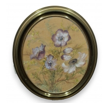 Pastel "Fleurs" cadre ovale en laiton