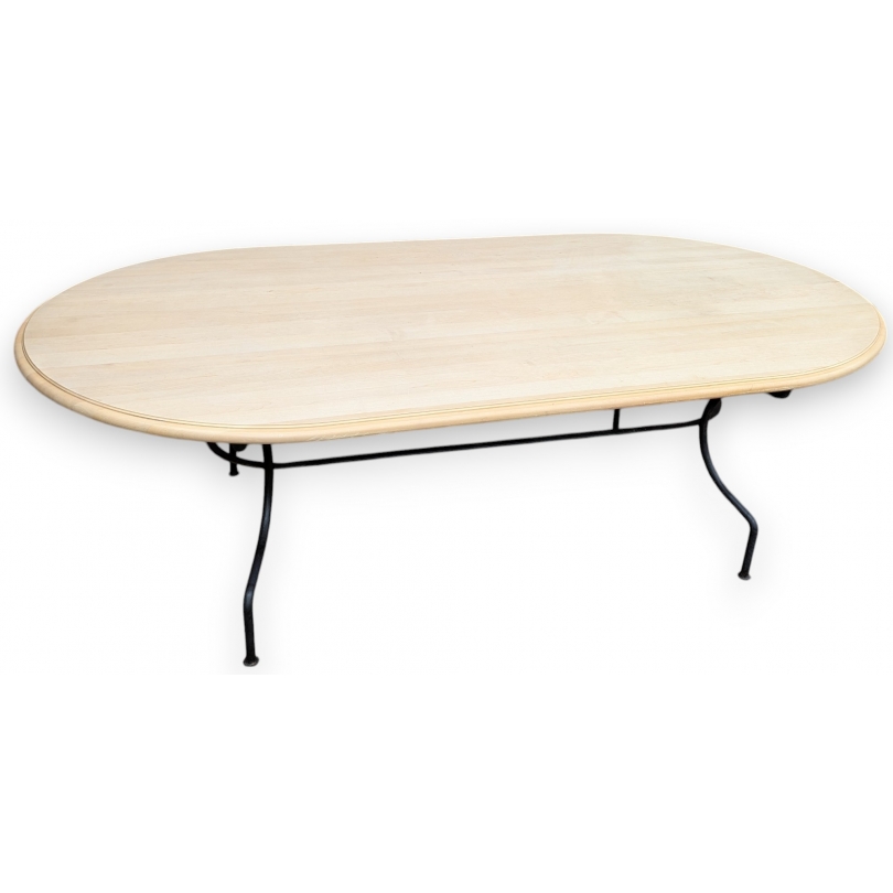 Grande table à manger en fer forgé, plateau hêtre
