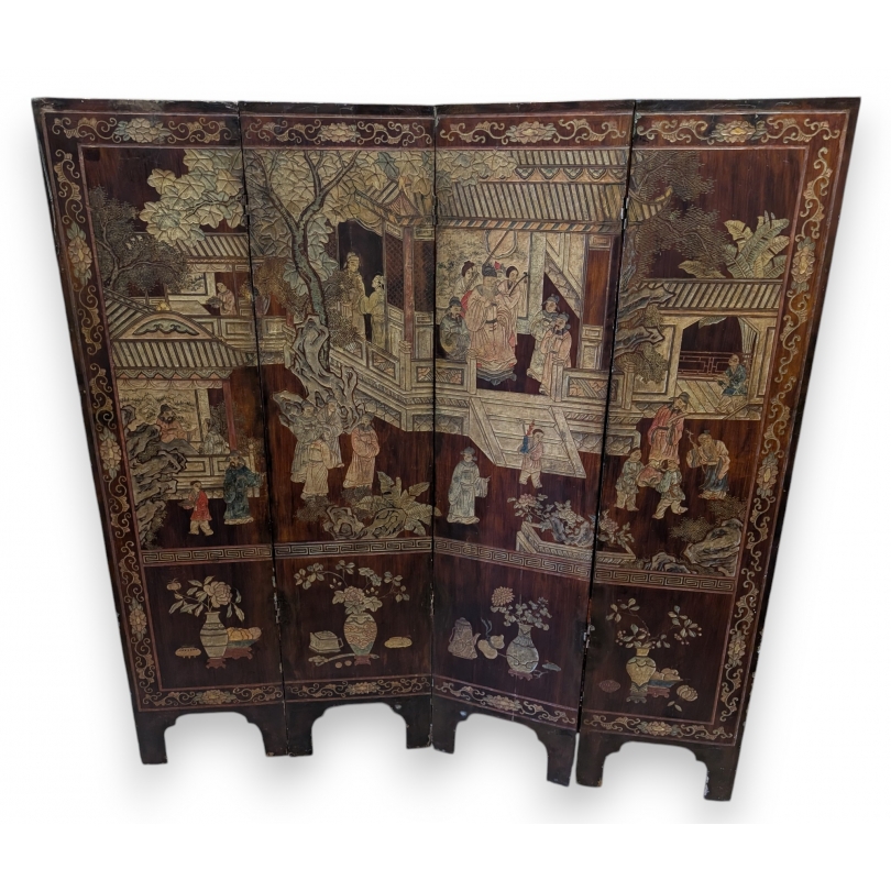 Chinese lacquered screen depicting a temple scene
