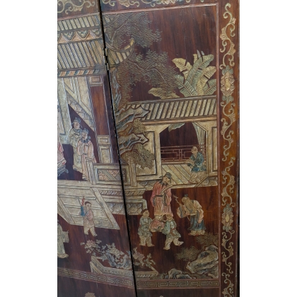 Chinese lacquered screen depicting a temple scene