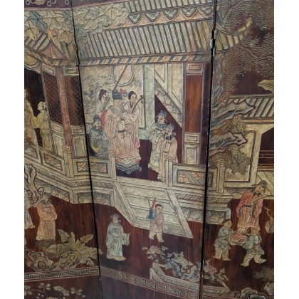 Chinese lacquered screen depicting a temple scene
