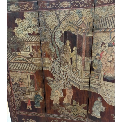 Chinese lacquered screen depicting a temple scene
