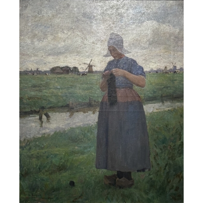 Tableau \"Tricot au champs\" signé H. GUINIER