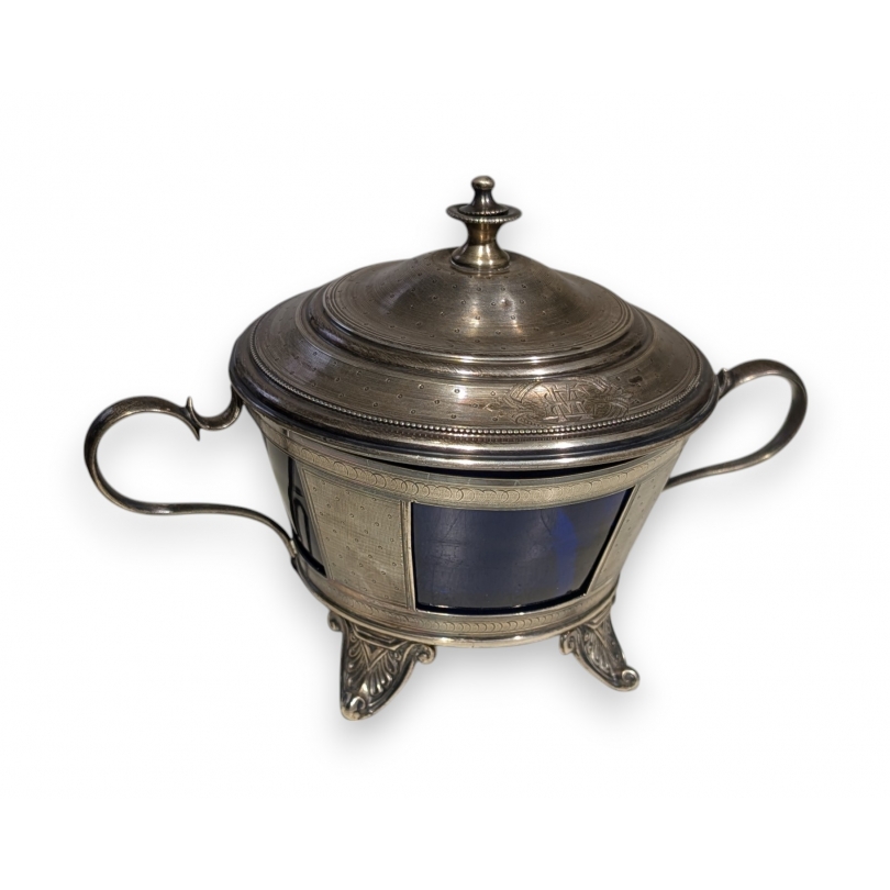 Sucrier en argent et verre bleu cobalt
