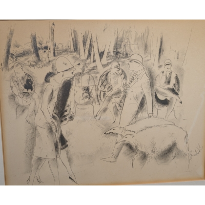 Lithograph entitled "Au bois", signed VERTES