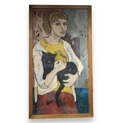 Tableau \"Jeune fille au chat\" signé EMS 52