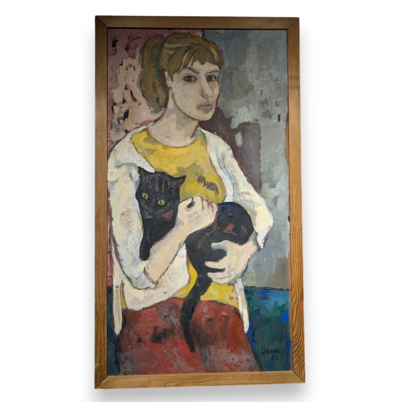 Tableau \"Jeune fille au chat\" signé EMS 52