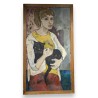 Tableau \"Jeune fille au chat\" signé EMS 52