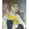 Tableau \"Jeune fille au chat\" signé EMS 52