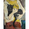 Tableau \"Jeune fille au chat\" signé EMS 52