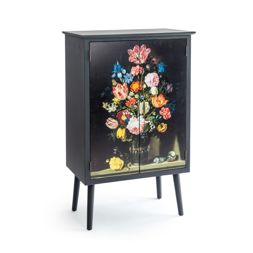 Petit buffet noir à décor fleurs