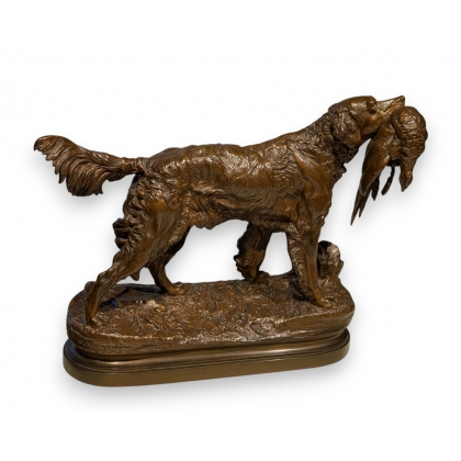 Bronze \"Épagneul au faisan\" signé J. MOIGNIEZ