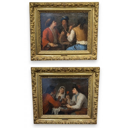 Paire de tableaux \"Scène d\'intérieur\"