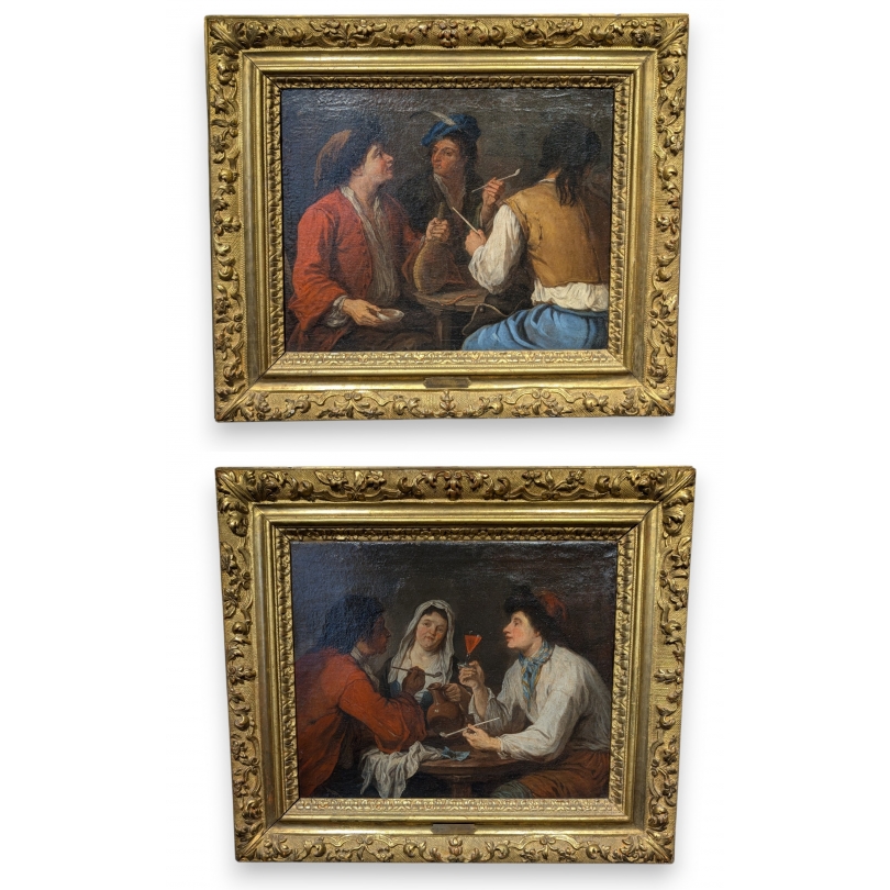 Paire de tableaux \"Scène d\'intérieur\"