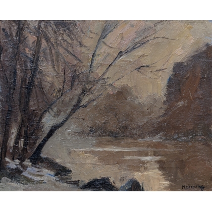 Tableau \"Soir au bord du Rhône\" signé HORNUNG
