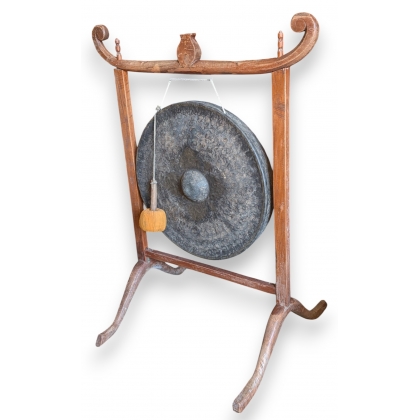 Gong chinois en métal, support en bois