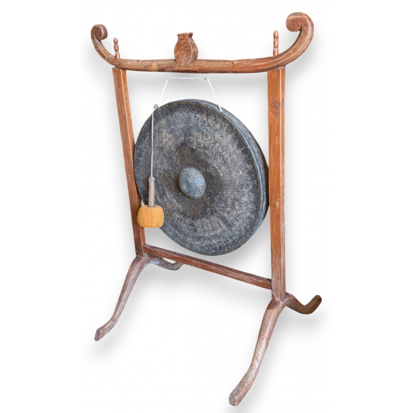 Gong chinois en métal, support en bois