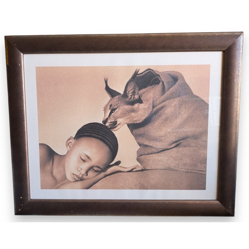 Tirage encadré "Enfant et Caracal" de COLBERT