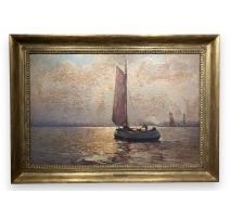 Tableau "L'Ewer à l'aube" signé Rud. GUBA