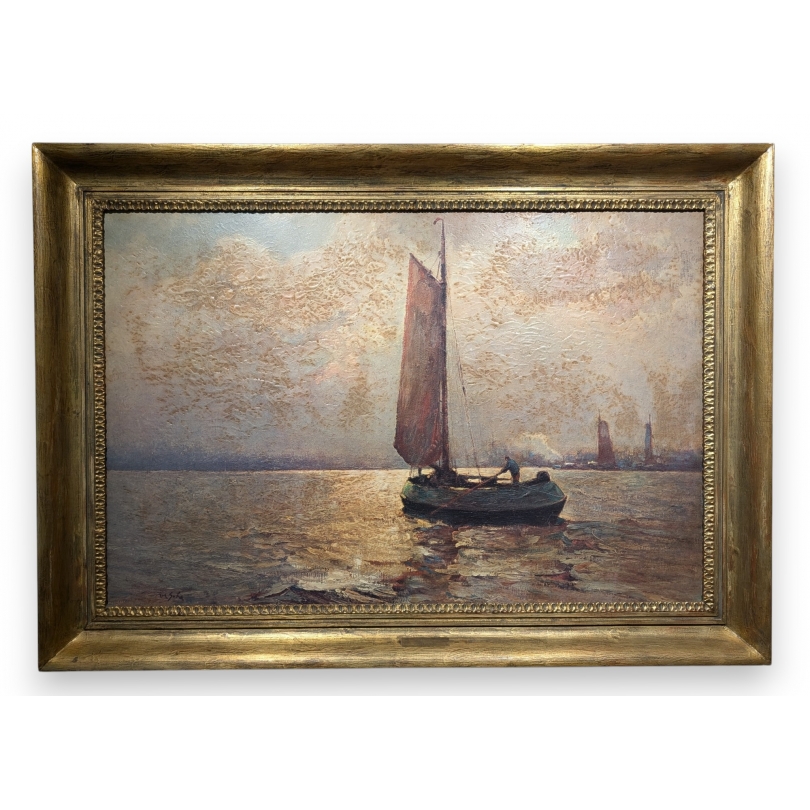 Tableau "L'Ewer à l'aube" signé Rud. GUBA