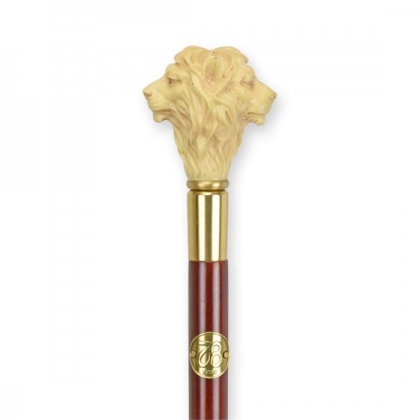 Walking stick with a handle featuring resin lion heads