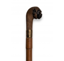 Canne pommeau tête de singe en bois sculpté