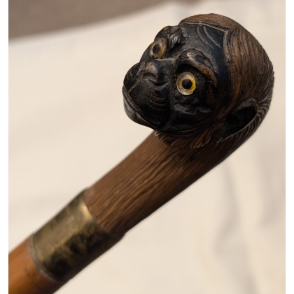 Canne pommeau tête de singe en bois sculpté