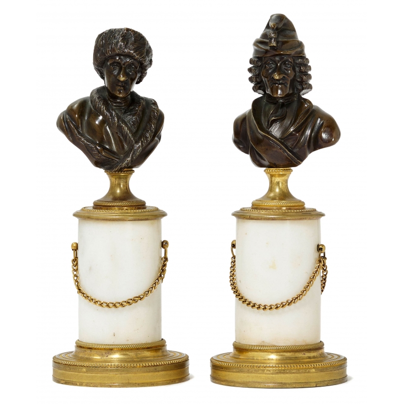 Paire de bustes en bronze "Voltaire" et "Rousseau"
