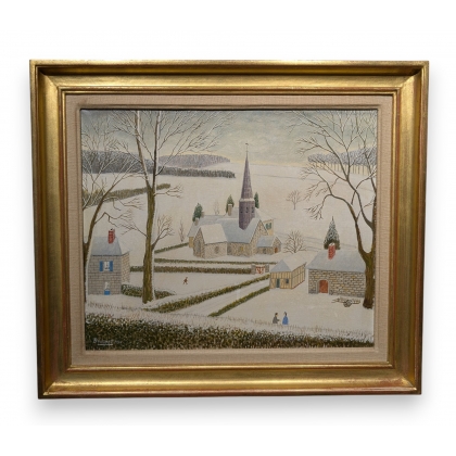 Tableau \"Eglise sous la neige\" signé BOUQUET 75
