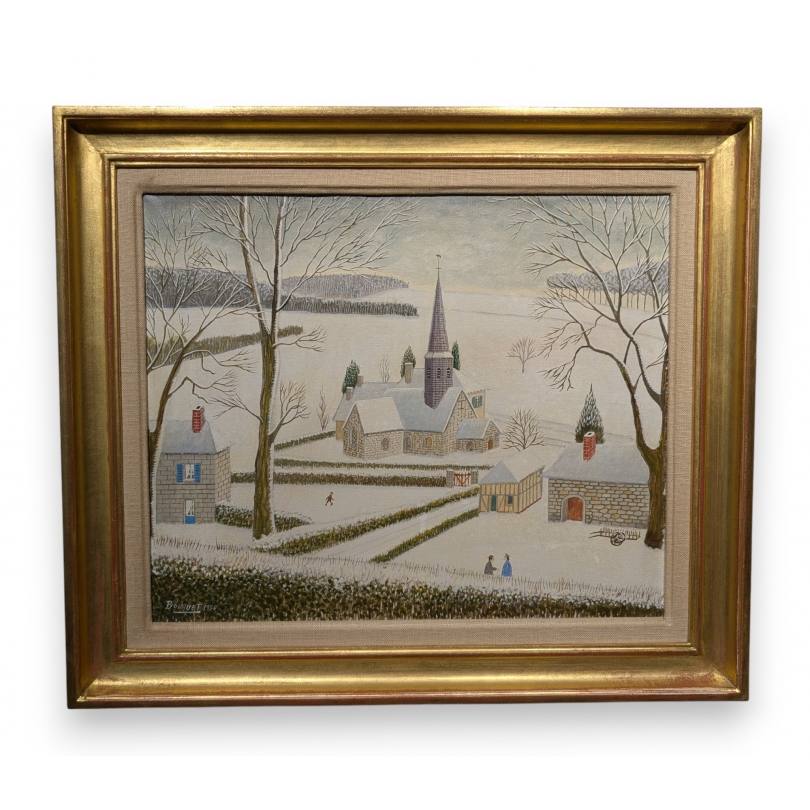 Tableau \"Eglise sous la neige\" signé BOUQUET 75