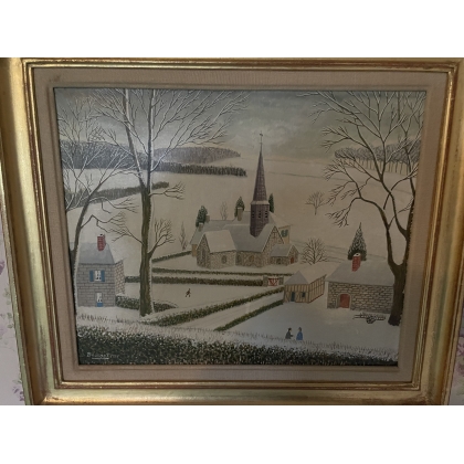 Tableau \"Eglise sous la neige\" signé BOUQUET 75