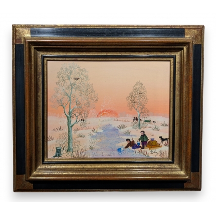 Tableau \"Coucher de soleil en neige\" signé BOLEZ Y