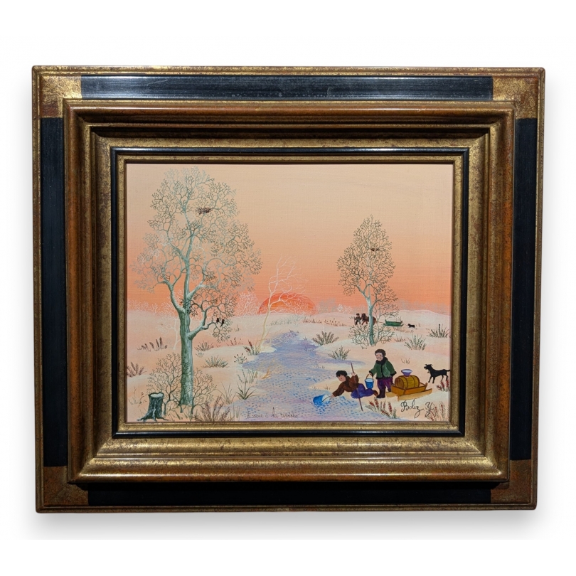 Tableau \"Coucher de soleil en neige\" signé BOLEZ Y