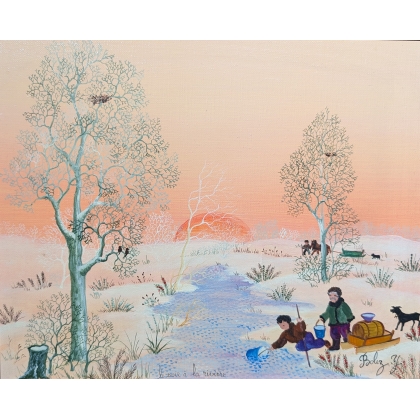 Tableau \"Coucher de soleil en neige\" signé BOLEZ Y