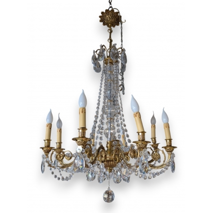 Lustre en bronze doré à cristaux à 8 lumières