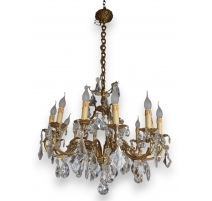 Lustre en bronze doré à cristaux à 12 lumières