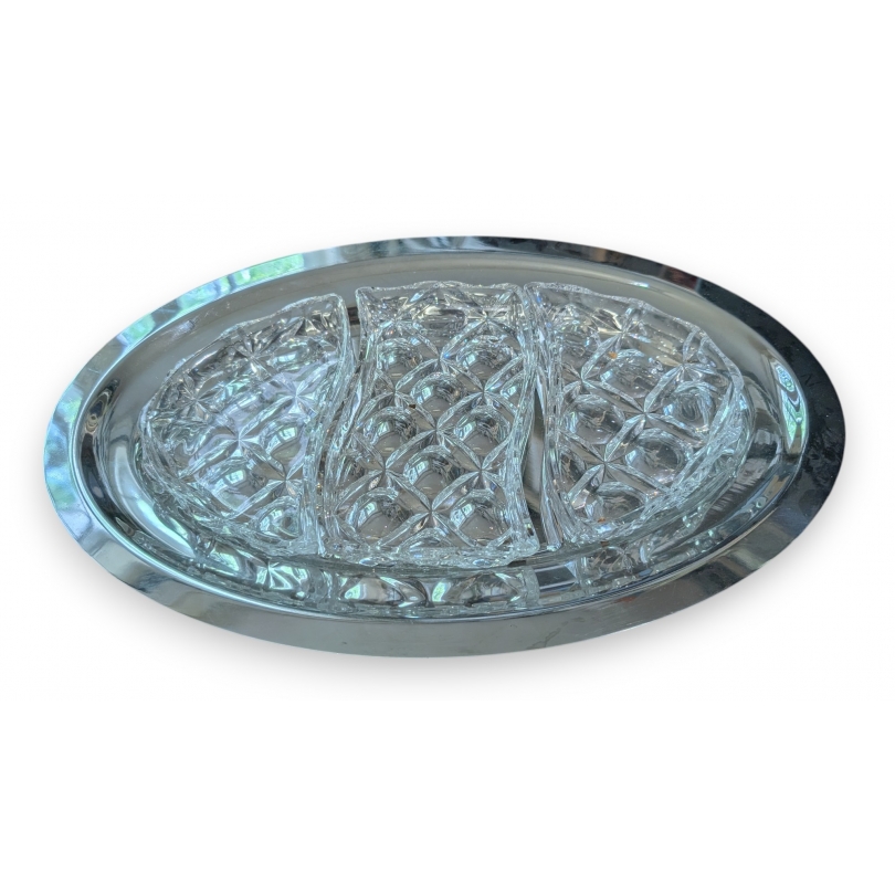 Plat ovale en inox avec raviers en cristal