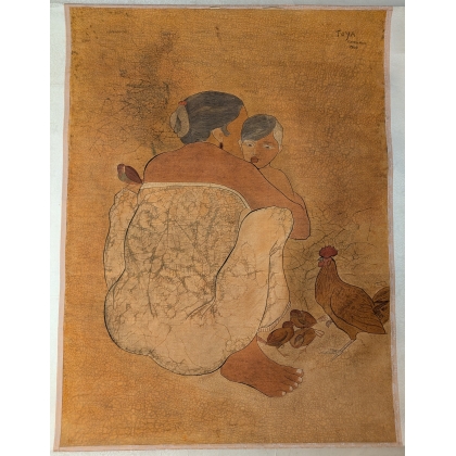 Batik \"Mère et enfant\" signé TOYA 1968