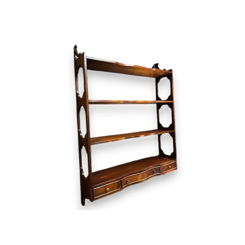 Mahogany shelving unit with 4 shelves and 3 drawers