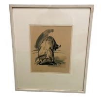 Aquarelle "Taureau" signée E. GRAF 1960