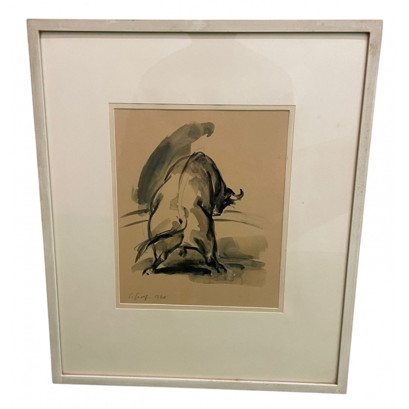 Aquarelle "Taureau" signée E. GRAF 1960