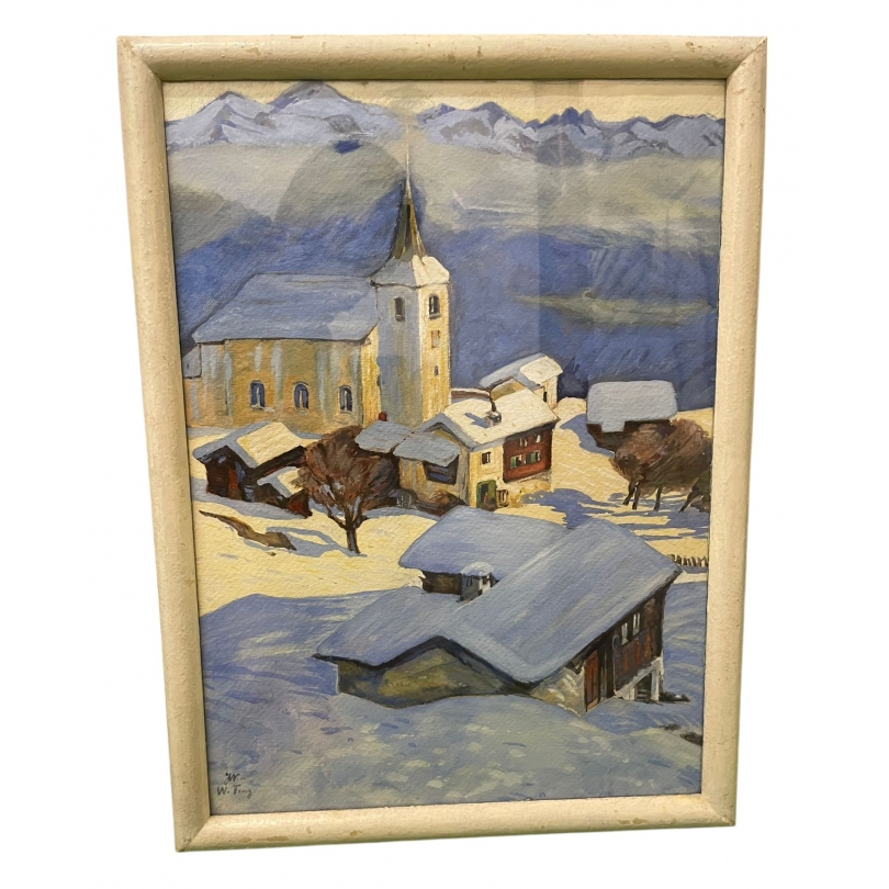 Aquarelle "Lens sous la neige" signée W. FEUZ