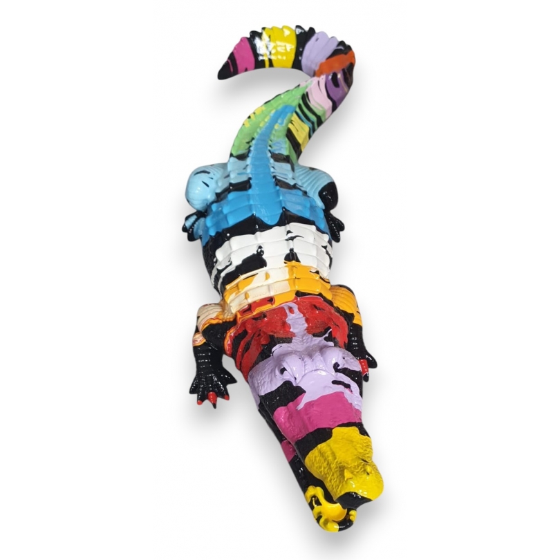 Crocodile en résine noire, coulures de couleur