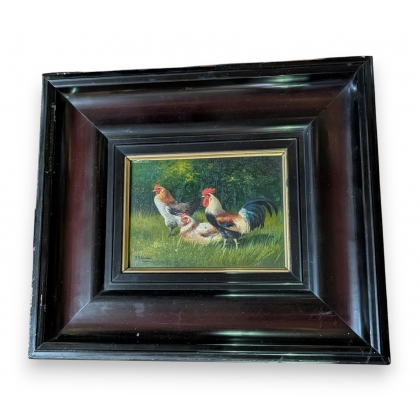 Tableau \"Coq et poule\" signé A. SCHÖNIAN