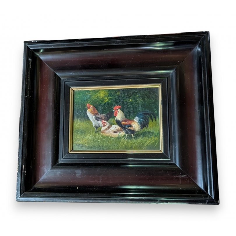 Tableau \"Coq et poule\" signé A. SCHÖNIAN