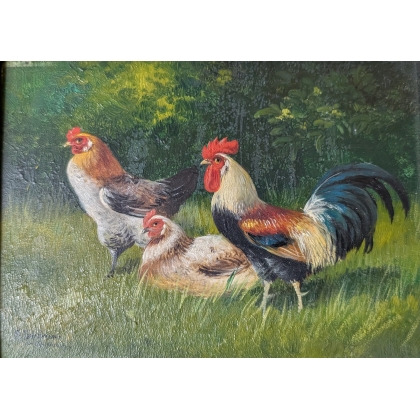 Tableau \"Coq et poule\" signé A. SCHÖNIAN