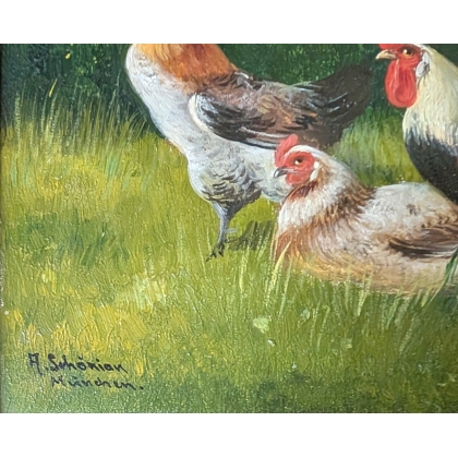 Tableau \"Coq et poule\" signé A. SCHÖNIAN