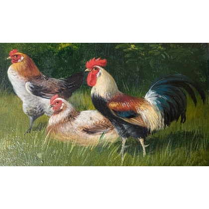 Tableau \"Coq et poule\" signé A. SCHÖNIAN