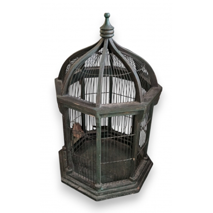 Cage à oiseaux octogonale en bois peint vert